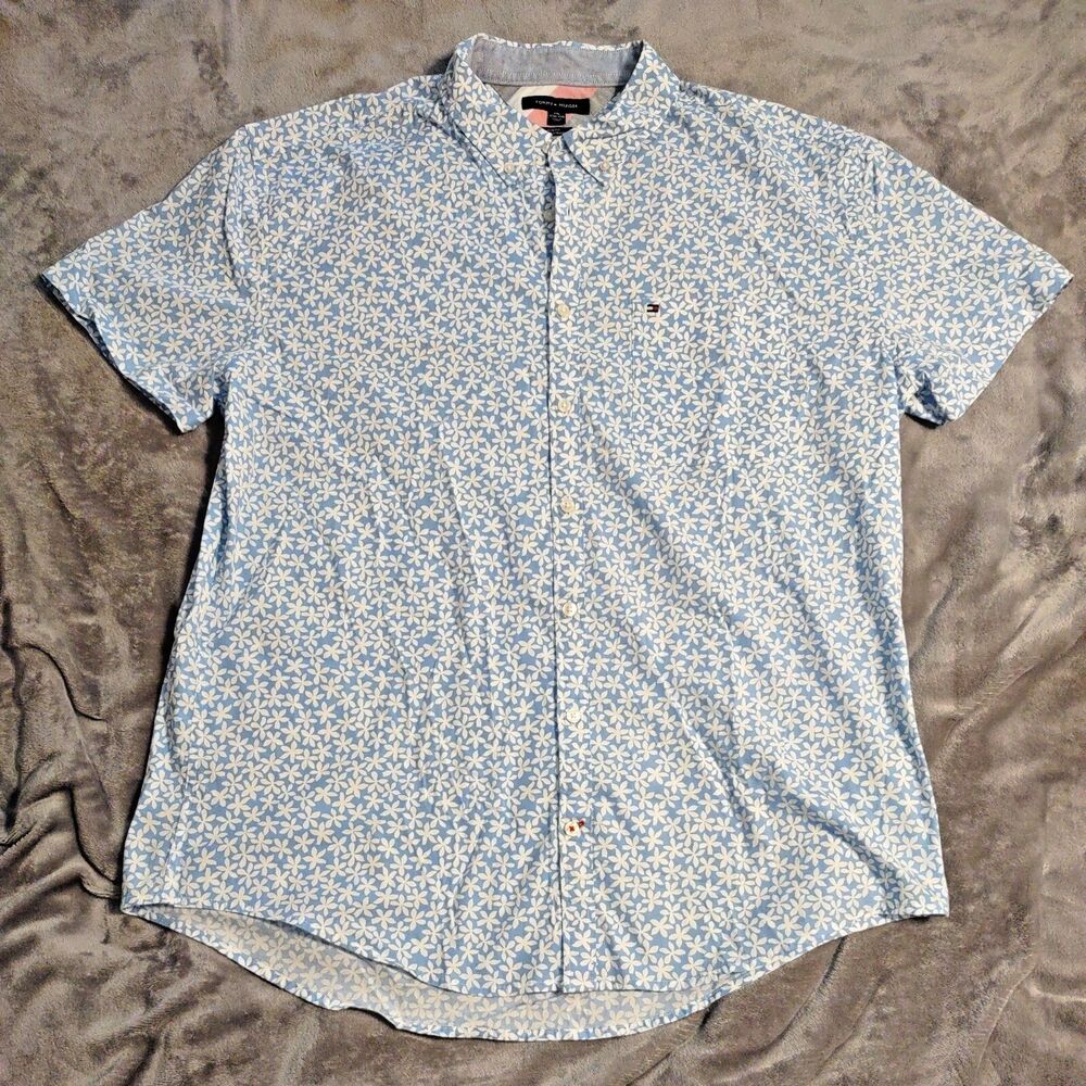 Tommy Hilfiger Blue White Floral XXL Slim Fit Button Down Short Sleeve Shirt